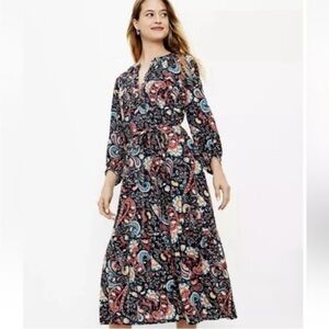 LOFT Shimmer Paisley Tie Neck Midi Dress - Forever Navy Size XS